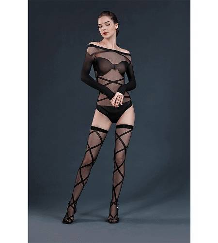 lovedildos.com - Love Dildos - Moonlight Black Bardot Style Body Wstockings Os