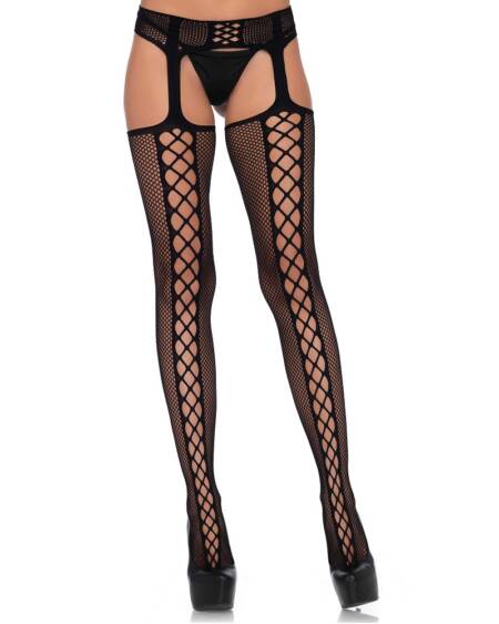 Leg Avenue Lace Up Backseam Suspender Tights Black